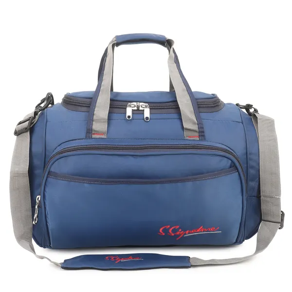 Signature_Blue_Grey_Fabric_Multi_Compartment_Adjustable_Strap_Duffel_Bag_For_Men_Women_And_Teens