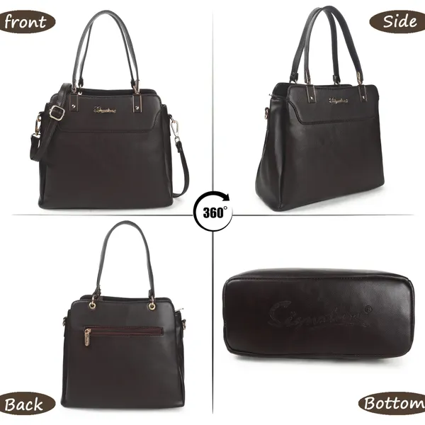 Signature_Black_Faux_Leather_Metallic_Zip_Detachable_Strap_Handbag_For_Women