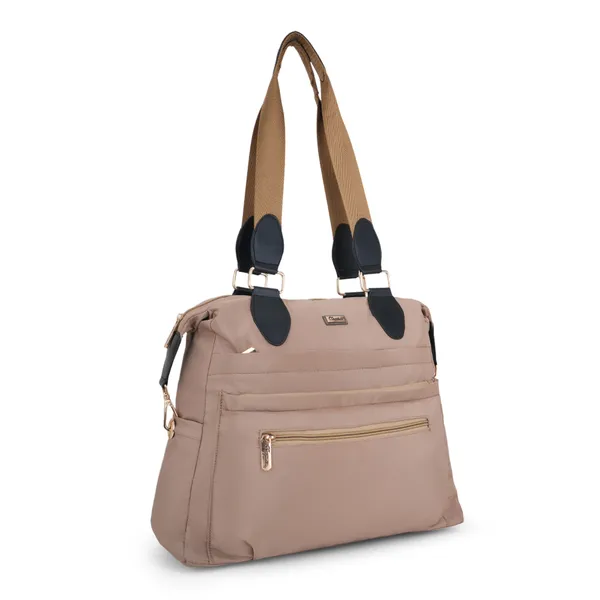 Signature_Beige_Faux_Leather_Two_Tone_Strap_Multi_Pocket_Shoulder_Bag_For_Women
