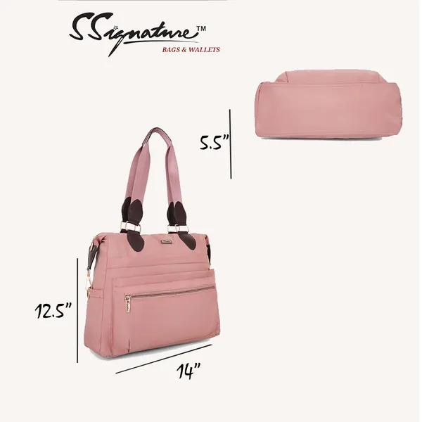 Signature_Pink_Fabric_Multi_Pocket_Travel_Tote_Bag_For_Women