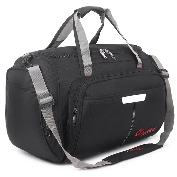 Signature_Black_Fabric_Multi_Compartment_Shoulder_Strap_Duffel_Bag_For_Men_And_Women