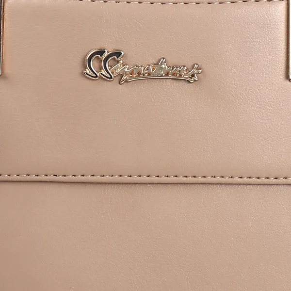 Signature_Beige_Faux_Leather_Structured_Metallic_Hardware_Handbag_For_Women