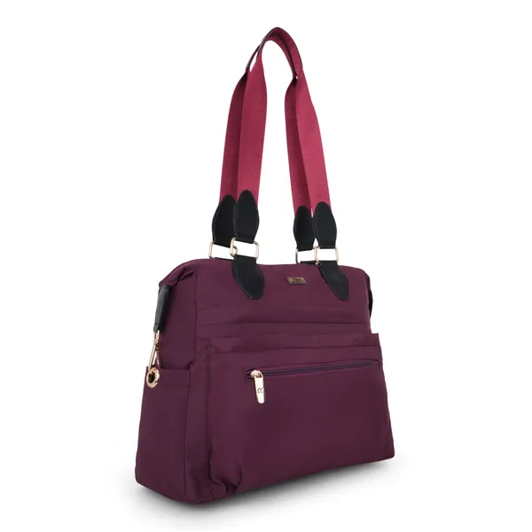 Signature_Maroon_Nylon_Multi_Compartment_Adjustable_Strap_Tote_Bag_For_Women