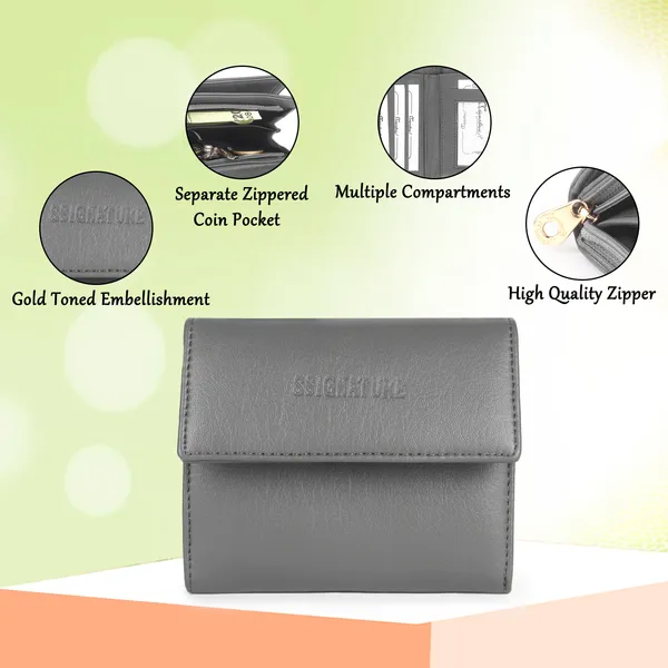 Signature_Grey_Leather_Tri_Fold_Coin_Pocket_Wallet_For_Men