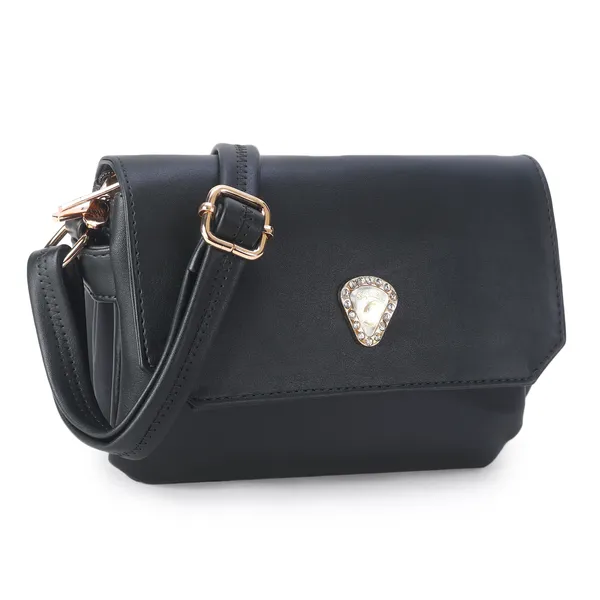 Signature_Black_Faux_Leather_Metallic_Buckle_Sling_Bag_For_Women
