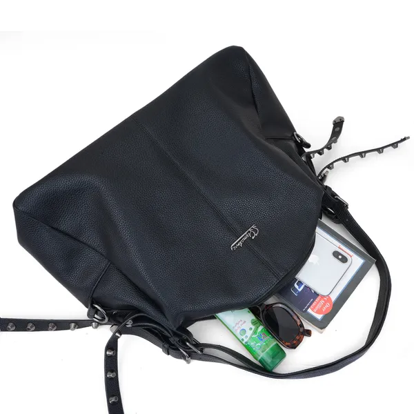 Signature_Black_Faux_Leather_Metal_Logo_Adjustable_Strap_Shoulder_Bag_For_Women