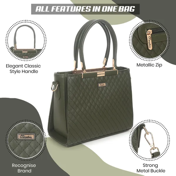 Signature_Olive_Green_Quilted_Faux_Leather_Metallic_Accent_Handbag_For_Women