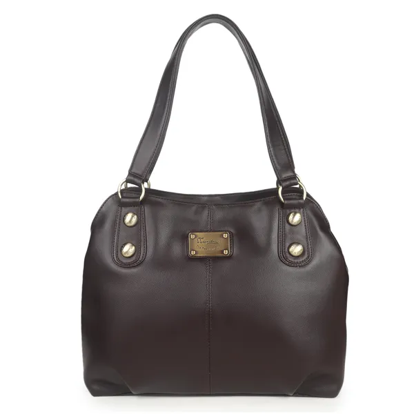 Signature_Brown_Leather_Metallic_Hardware_Handbag_For_Women