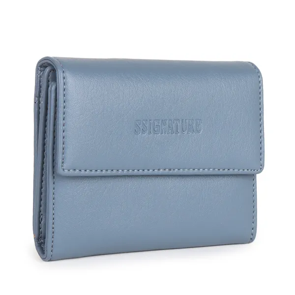 Signature_Blue_Grey_Faux_Leather_Tri_Fold_Wallet_For_Women