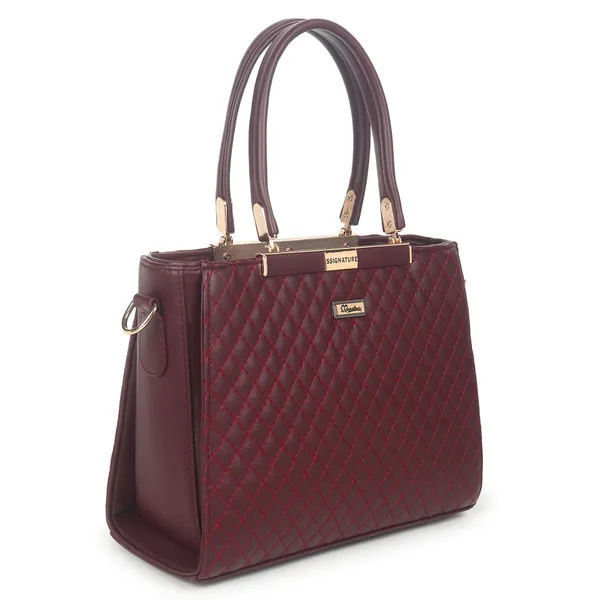 Signature_Maroon_Quilted_Faux_Leather_Metallic_Accent_Handbag_For_Women