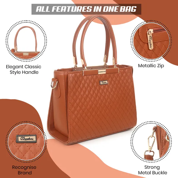 Signature_Brown_Textured_Faux_Leather_Metallic_Accent_Handbag_For_Women