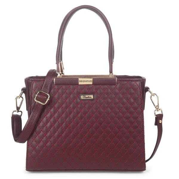 Signature_Maroon_Quilted_Faux_Leather_Metallic_Accent_Handbag_For_Women