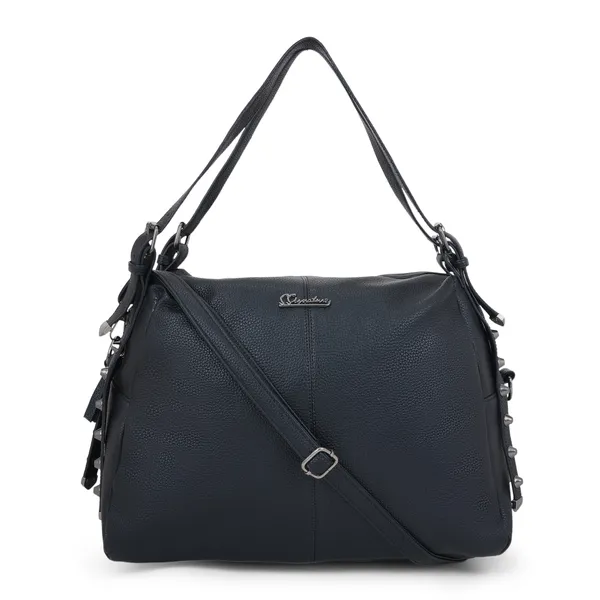 Signature_Black_Faux_Leather_Metal_Logo_Adjustable_Strap_Shoulder_Bag_For_Women