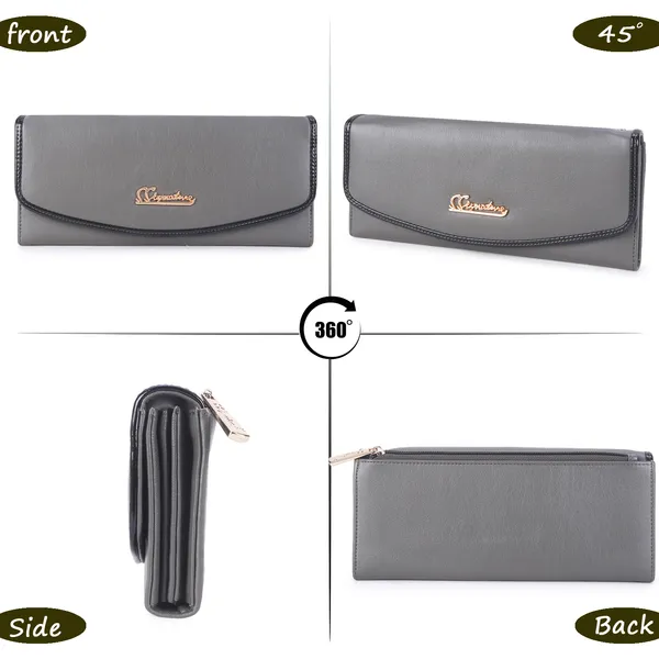 Signature_Grey_Faux_Leather_Multi_Compartment_Long_Wallet_For_Women