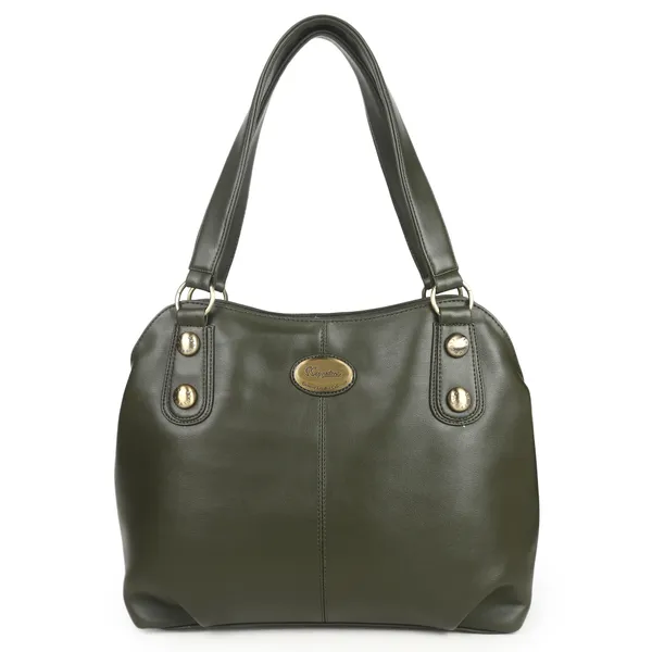 Signature_Olive_Green_Faux_Leather_Structured_Metallic_Detail_Handbag_For_Women