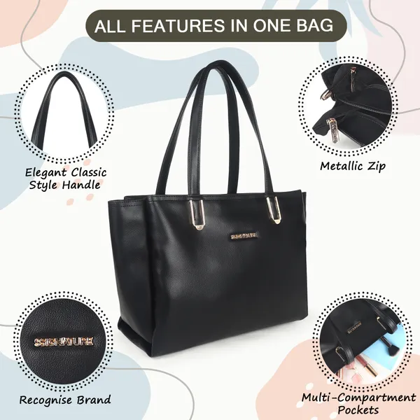 Signature_Black_Faux_Leather_Multi_Compartment_Metal_Zip_Tote_Handbag