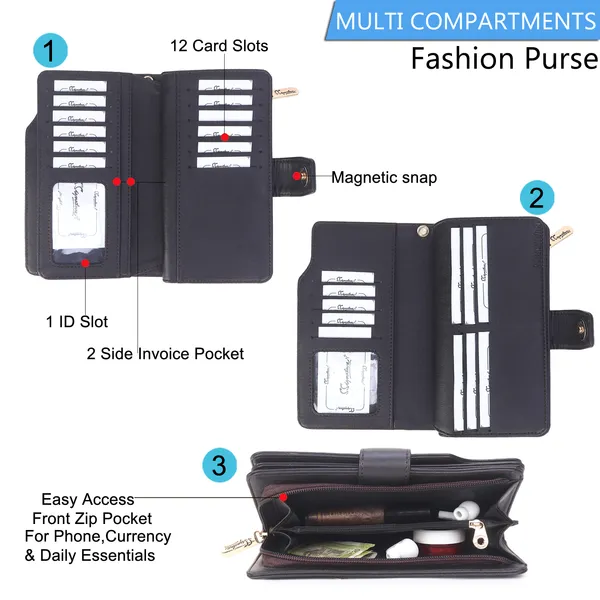 Signature_Black_Leather_Wrist_Strap_Multi_Card_Slot_Wallet_For_Women