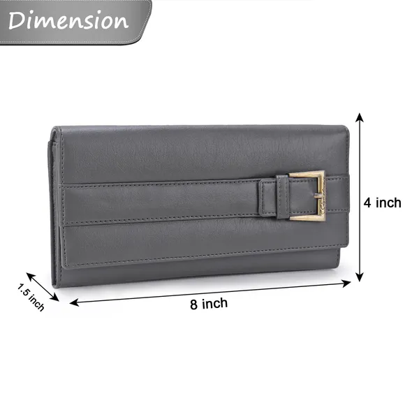 Signature_Grey_Leather_Buckle_Closure_Card_Slot_Wallet_For_Women