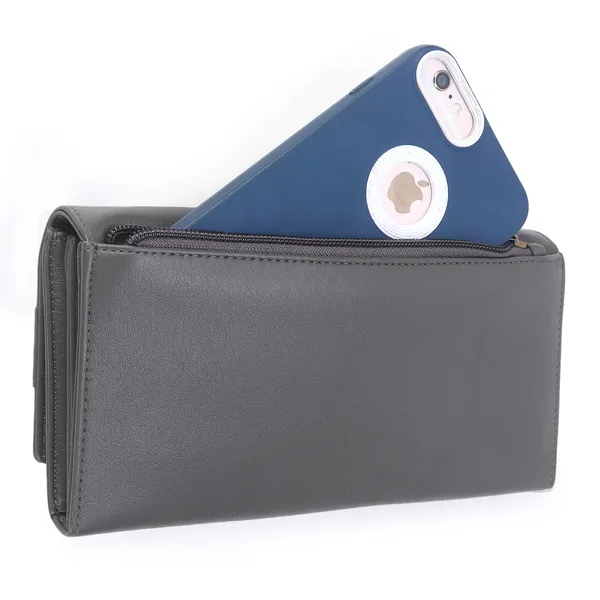 Signature_Grey_Leather_Buckle_Closure_Card_Slot_Wallet_For_Women