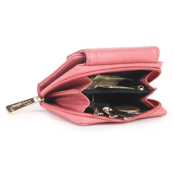 Signature_Pink_Faux_Leather_Tri_Fold_Zipper_Wallet_For_Women
