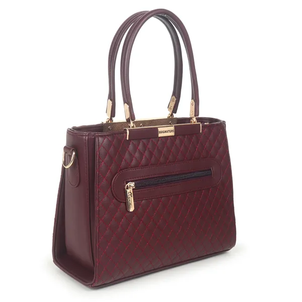 Signature_Maroon_Quilted_Faux_Leather_Metallic_Accent_Handbag_For_Women
