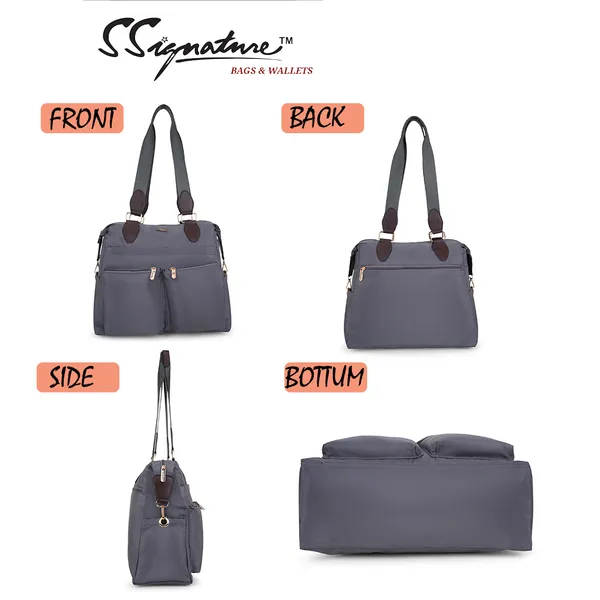Signature_Grey_Faux_Leather_Multi_Pocket_Shoulder_Bag_For_Women