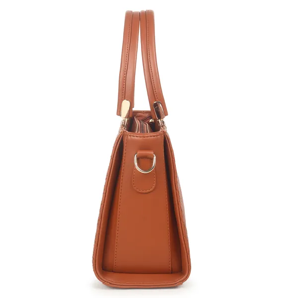 Signature_Brown_Textured_Faux_Leather_Metallic_Accent_Handbag_For_Women