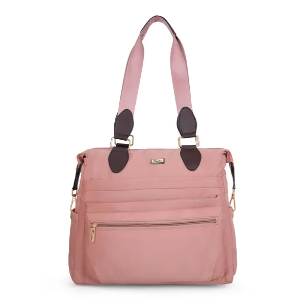 Signature_Pink_Fabric_Multi_Pocket_Travel_Tote_Bag_For_Women