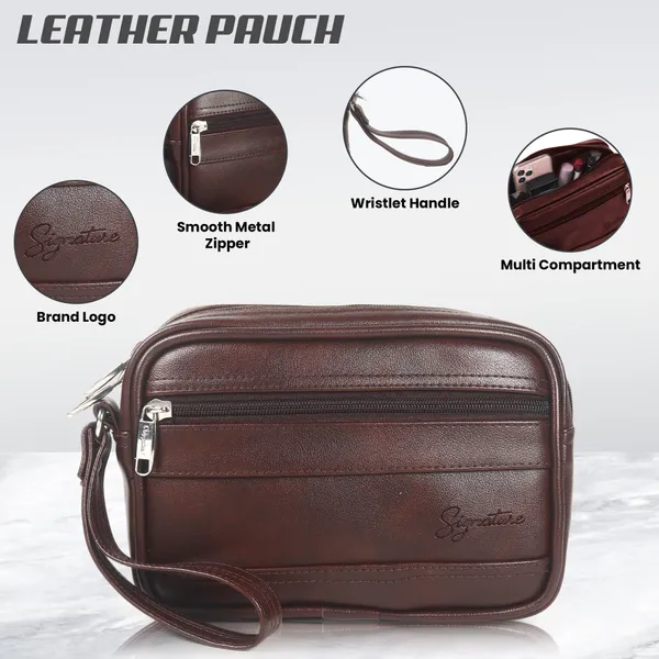 Signature_Brown_Leather_Multi_Compartment_Wristlet_Pouch_For_Men_And_Women