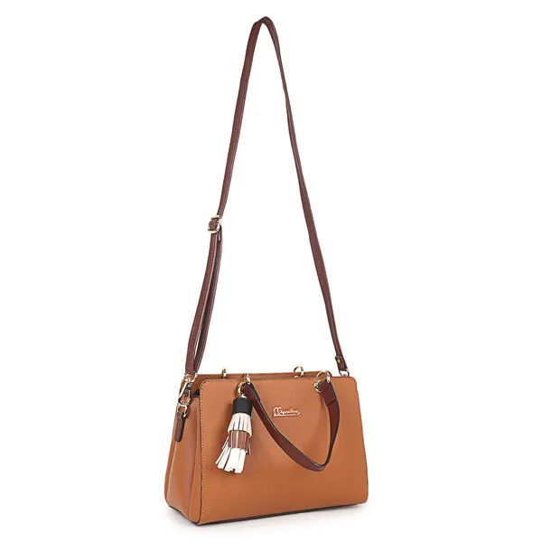 Signature_Brown_Faux_Leather_Multi_Compartment_Tassel_Handbag_For_Women