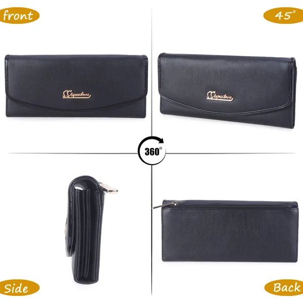 Signature_Black_Faux_Leather_Flap_Closure_Wallet_For_Women
