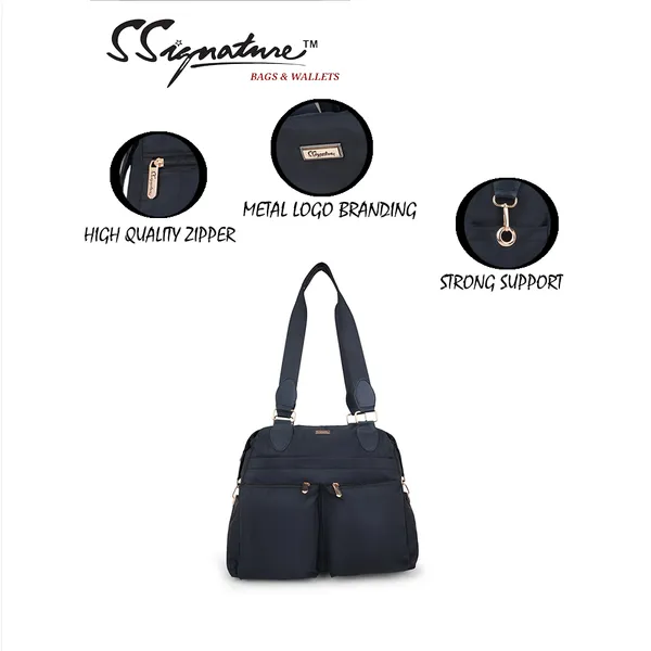 Signature_Navy_Blue_Nylon_Multi_Pocket_Adjustable_Strap_Travel_Tote_Bag_For_Women