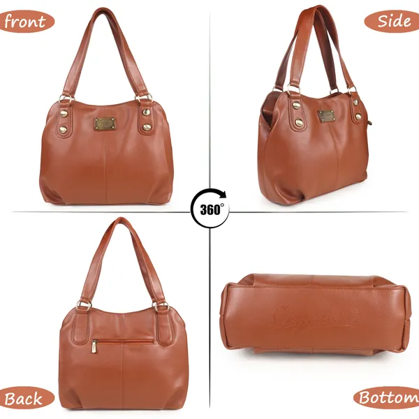 Signature_Tan_Brown_Faux_Leather_Classic_Handle_Handbag_For_Women