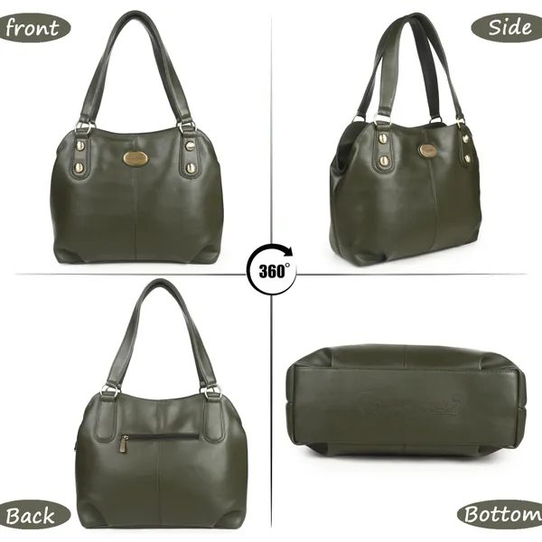 Signature_Olive_Green_Faux_Leather_Structured_Metallic_Detail_Handbag_For_Women