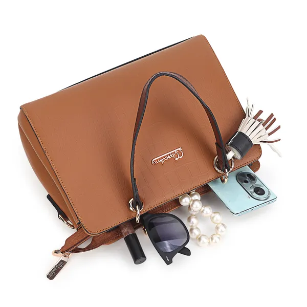Signature_Brown_Faux_Leather_Multi_Compartment_Tassel_Handbag_For_Women