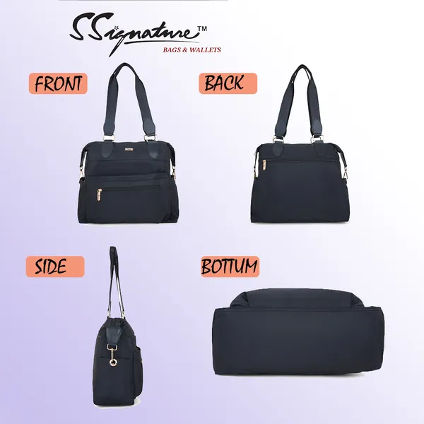 Signature_Black_Nylon_Multi_Compartment_Shoulder_Strap_Tote_Bag_For_Women