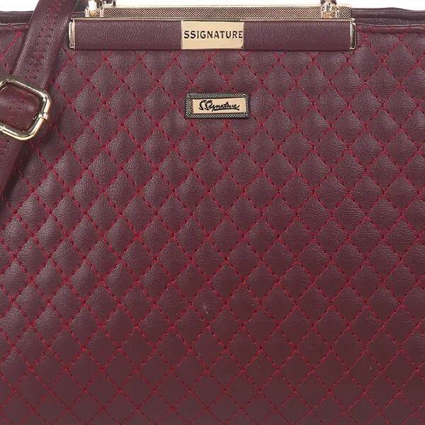 Signature_Maroon_Quilted_Faux_Leather_Metallic_Accent_Handbag_For_Women
