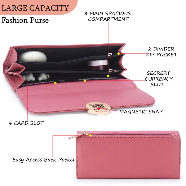 Signature_Pink_Faux_Leather_Circular_Clasp_Long_Wallet_For_Women