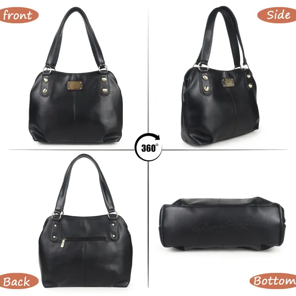 Signature_Black_Faux_Leather_Metal_Hardware_Handbag_For_Women