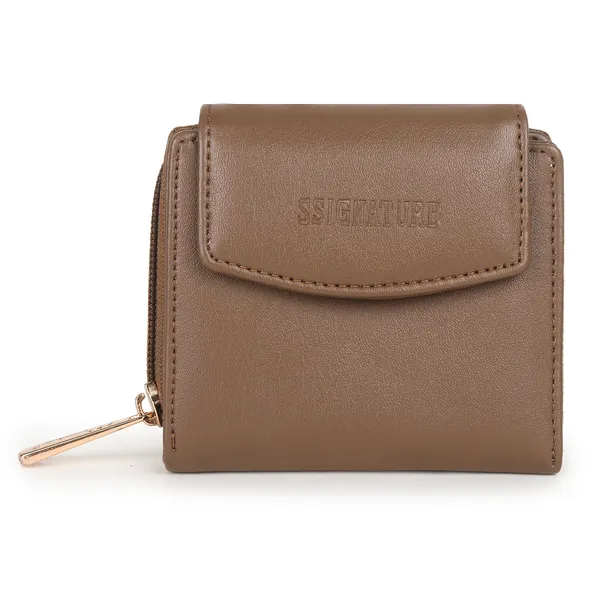 Signature_Brown_Faux_Leather_Tri_Fold_Zipper_Wallet_For_Women