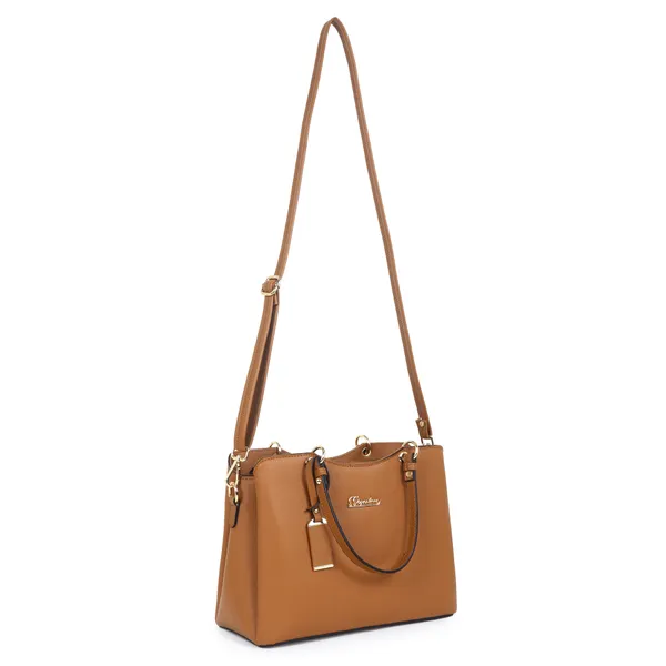Signature_Tan_Brown_Faux_Leather_Buckle_Adjustable_Strap_Handbag_For_Women