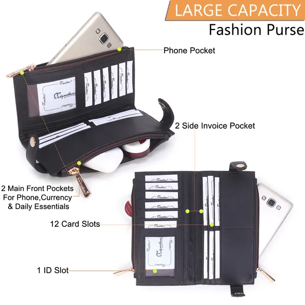 Signature_Black_Faux_Leather_Multi_Card_Zipper_Wallet_For_Women