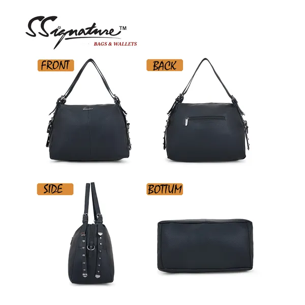 Signature_Black_Faux_Leather_Metal_Logo_Adjustable_Strap_Shoulder_Bag_For_Women