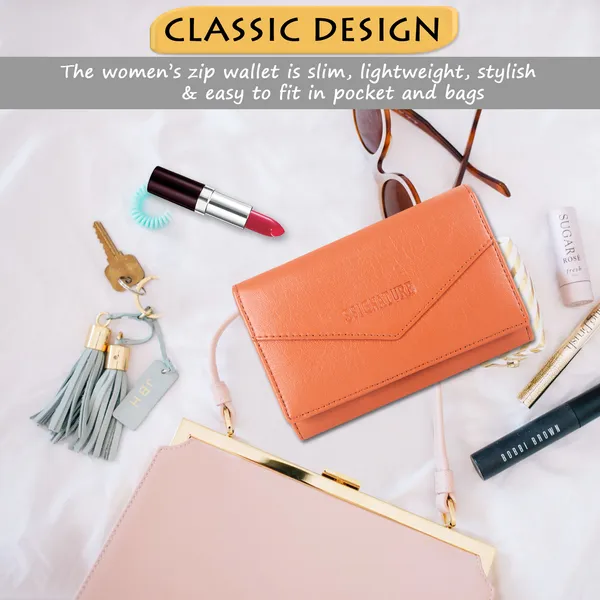 Signature_Coral_Orange_Faux_Leather_Tri_Fold_Compact_Wallet_For_Women