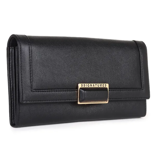 Signature_Black_Faux_Leather_Metallic_Buckle_Wallet_For_Women