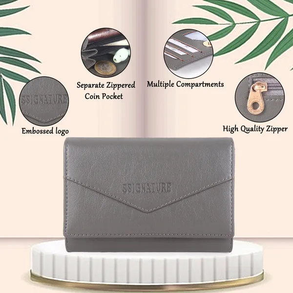 Signature_Grey_Leather_Tri_Fold_Compact_Wallet_For_Women