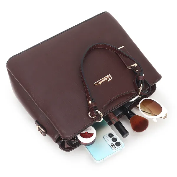 Signature_Brown_Faux_Leather_Multi_Compartment_Handbag_For_Women