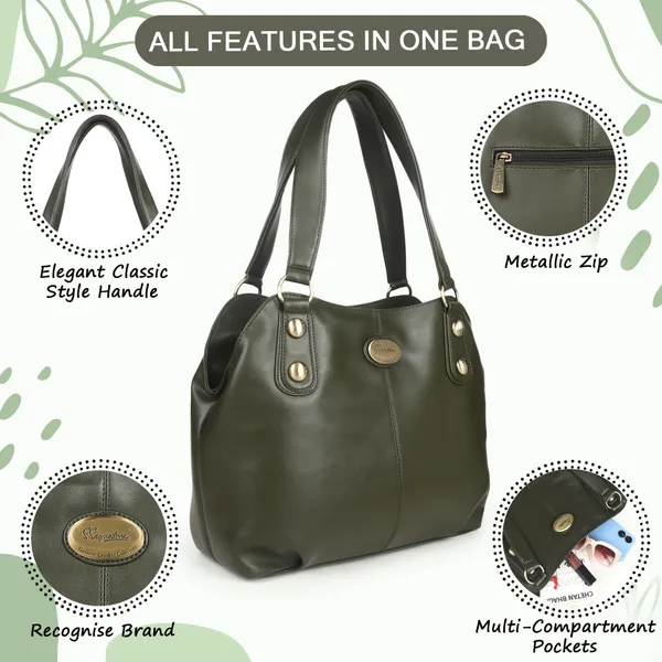 Signature_Olive_Green_Faux_Leather_Structured_Metallic_Detail_Handbag_For_Women