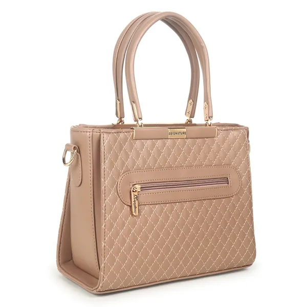 Signature_Beige_Quilted_Faux_Leather_Metallic_Zip_Handbag_For_Women