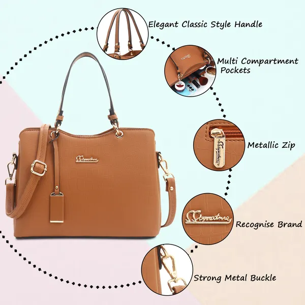 Signature_Tan_Brown_Faux_Leather_Buckle_Adjustable_Strap_Handbag_For_Women